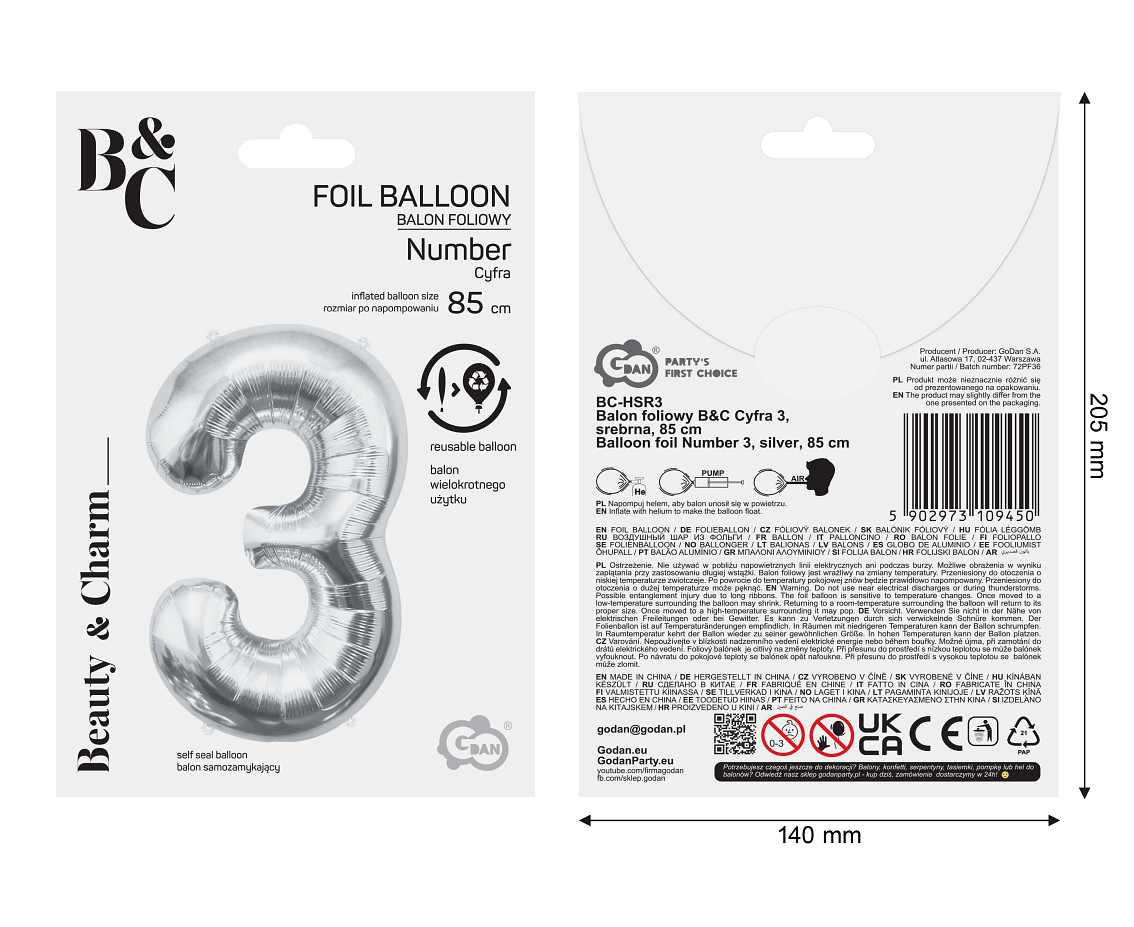 Foil balloon B&C Number 3, silver, 85 cm